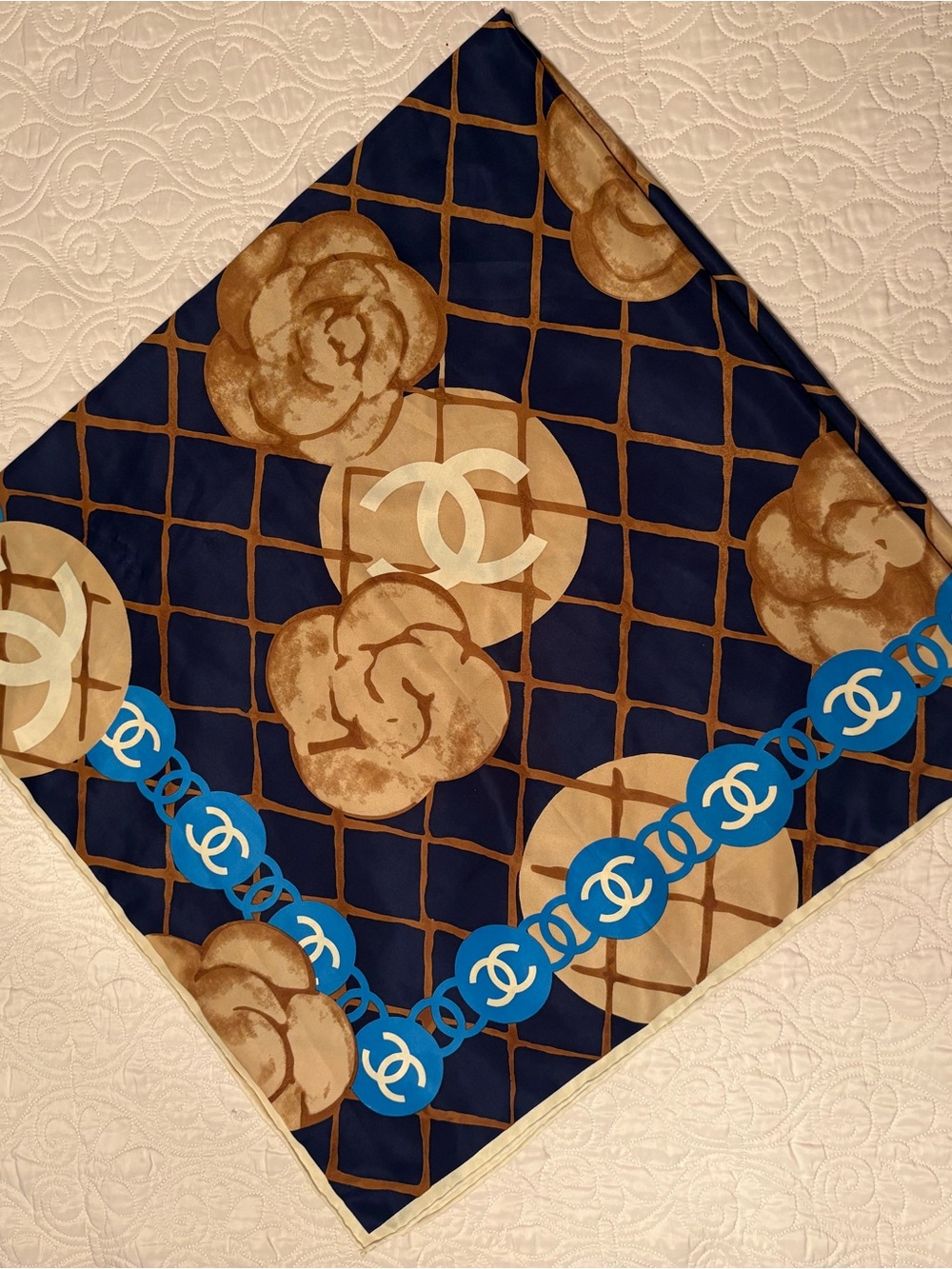 CHANEL Navy Blue Brown Cream Silk Logo & Camellia Scarf